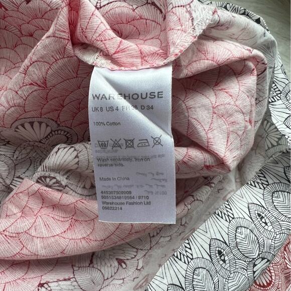 WAREHOUSE PINK FLORAL COTTON V NECK MINI DRESS EU 36 - Picture 6 of 6
